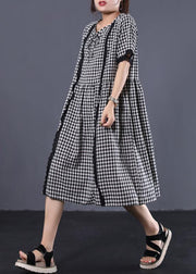 Style black white plaid cotton Tunic patchwork ruffles cotton summer Dress - SooLinen