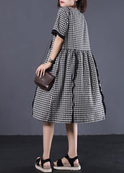 Style black white plaid cotton Tunic patchwork ruffles cotton summer Dress - SooLinen