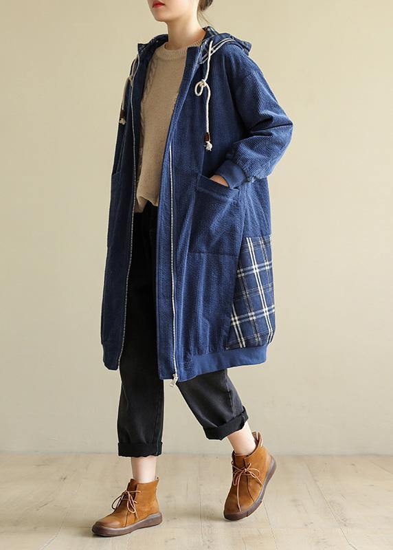 Style blue Fine Coats Women Neckline hooded patchwork  outwears - SooLinen