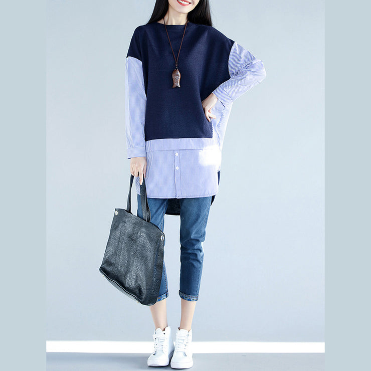 Stil blaue Baumwollkleidung für Frauen 2019 Arbeits-Outfits seitlich offenes falsches zweiteiliges Oberteil aus Baumwolle