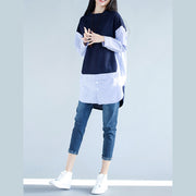 Style blue cotton clothes For Women 2019 Work Outfits side open cotton false two pieces top