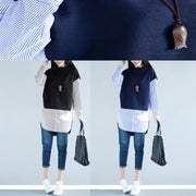 Stil blaue Baumwollkleidung für Frauen 2019 Arbeits-Outfits seitlich offenes falsches zweiteiliges Oberteil aus Baumwolle