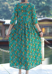 Style blue green print linen cotton o neck Cinched tunic summer Dress - SooLinen