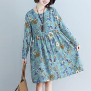 Style blue print cotton linen dress Plus Size Tutorials o neck daily Dress