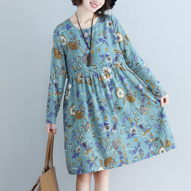 Style blau bedrucktes Baumwoll-Leinen-Kleid Plus Size Tutorials o Neck Daily Dress