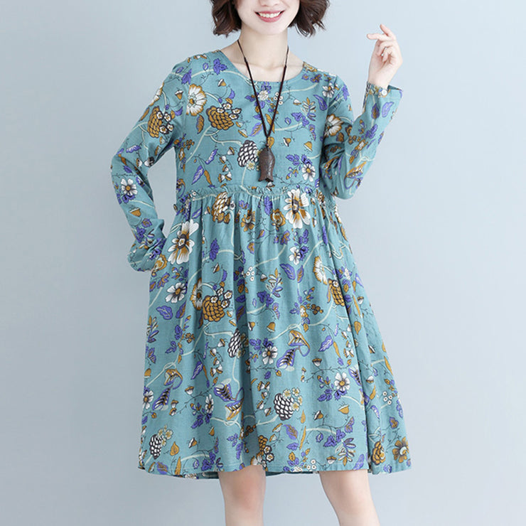 Style blau bedrucktes Baumwoll-Leinen-Kleid Plus Size Tutorials o Neck Daily Dress
