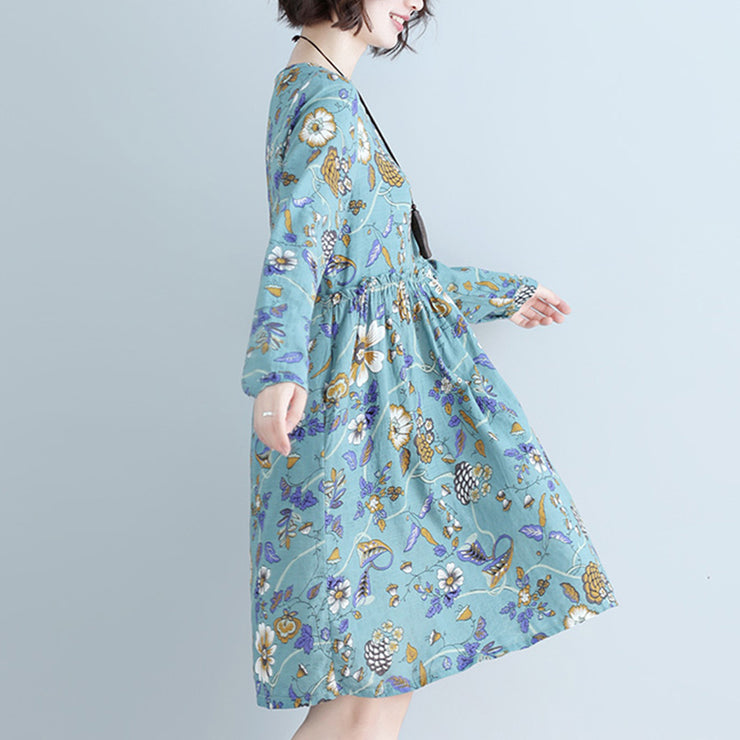 Style blue print cotton linen dress Plus Size Tutorials o neck daily Dress