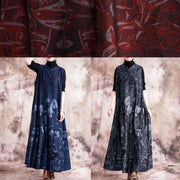 Style blue print cotton quilting dresses stand collar Chinese Button sleeveless Maxi fall Dress - SooLinen