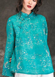 Stil blau bedruckte Leinenkleidung für Frauen Indian Tutorials o Hals Stehkragen kurzes Sommerhemd