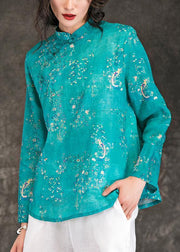 Style blue print linen clothes For Women Indian Tutorials o neck stand collar short Summer shirt