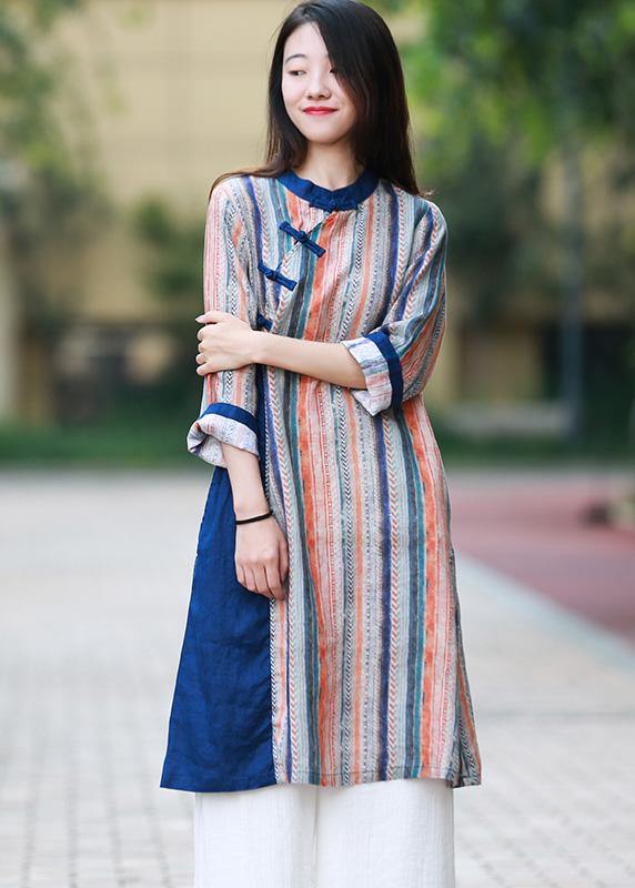 Style blue striped quilting dresses stand collar Chinese Button Art Dress - SooLinen