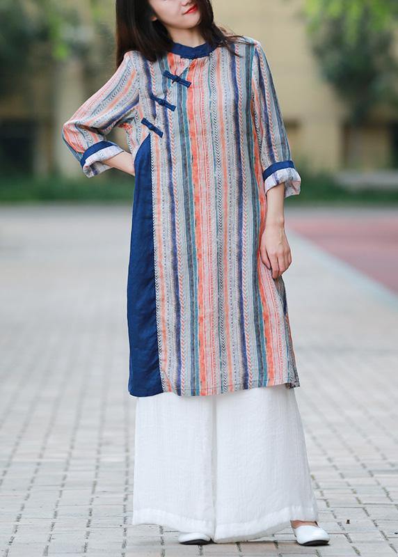 Style blue striped quilting dresses stand collar Chinese Button Art Dress - SooLinen