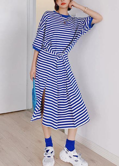 Style blue striped tunic dress o neck side open Plus Size Dresses - SooLinen