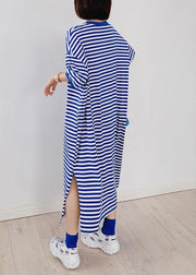 Style blue striped tunic dress o neck side open Plus Size Dresses - SooLinen