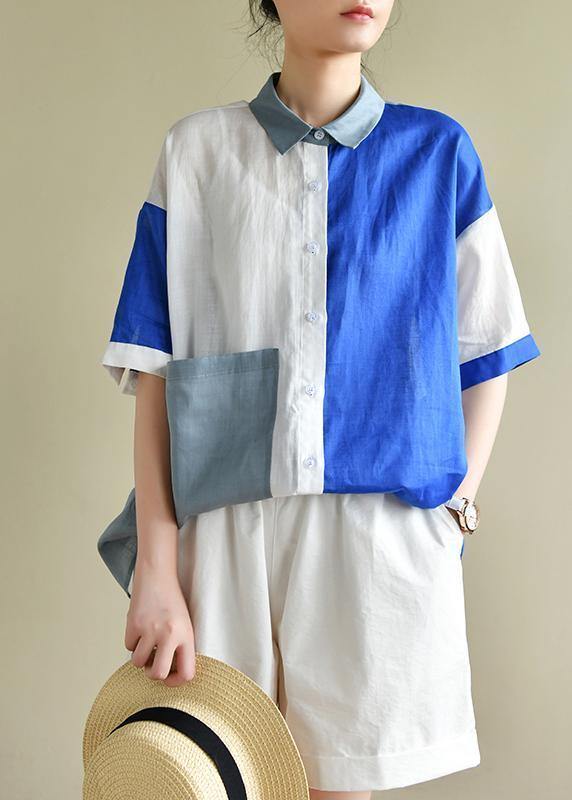 Style blue white patchwork Blouse lapel pockets tunic summer tops - SooLinen
