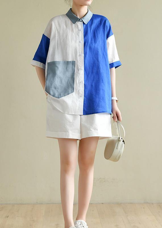 Style blue white patchwork Blouse lapel pockets tunic summer tops - SooLinen