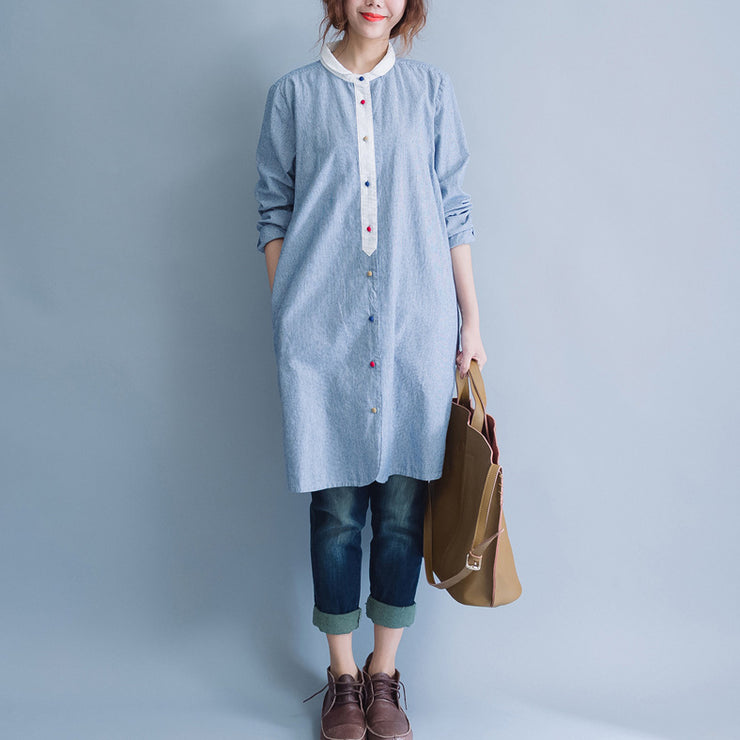 Style blau-weiß gestreiftes Baumwoll-Tunika-Muster Mom Tunika-Oberteile O-Ausschnitt Baggy Spring Dress