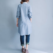 Style blau-weiß gestreiftes Baumwoll-Tunika-Muster Mom Tunika-Oberteile O-Ausschnitt Baggy Spring Dress