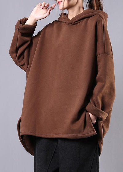 Style chocolate cotton clothes For Women hooded low high design baggy blouses - SooLinen