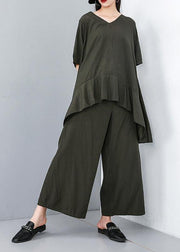 Style cotton Korea Summer Pure Color Irregular Blouse And Wide Leg Pants - SooLinen