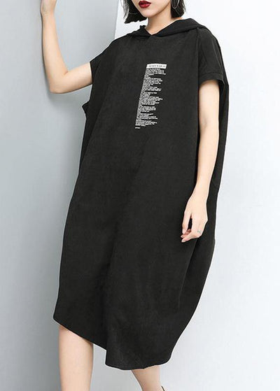 Style cotton clothes For Women 2019 Hooded Print Irregular Short Sleeve Dress - SooLinen