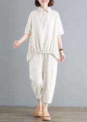 Style cotton linen tops women plus size Cotton Linen Solid Blouse And Pants - SooLinen