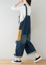 Style dark Blue Pockets Patchwork Cotton denim Jumpsuits Spring