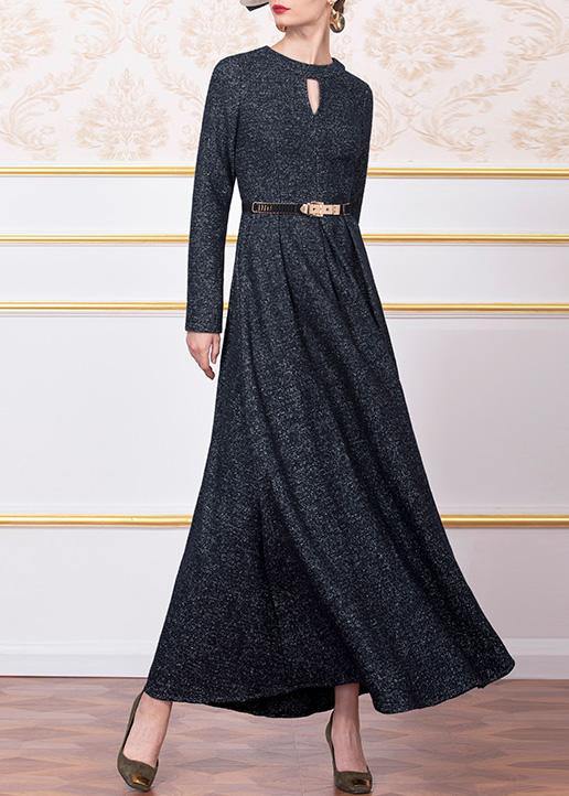 Style dark blue wool blended clothes For Women big hem cotton winter Dress - SooLinen