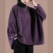 Style dark purple embroidery tunic top high neck Letter Plus Size Clothing shirts - SooLinen