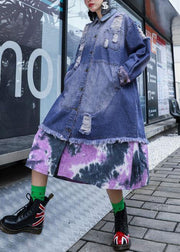 Style denim blue patchwork Fine tunics for women Fabrics ripped fall jackets - SooLinen