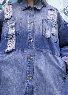 Style denim blue patchwork Fine tunics for women Fabrics ripped fall jackets - SooLinen