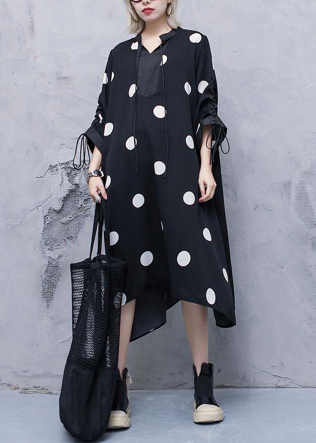 Style drawstring chiffon spring Robes Fine Sewing black dotted Traveling Dresses - SooLinen