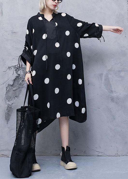 Style drawstring chiffon spring Robes Fine Sewing black dotted Traveling Dresses - SooLinen
