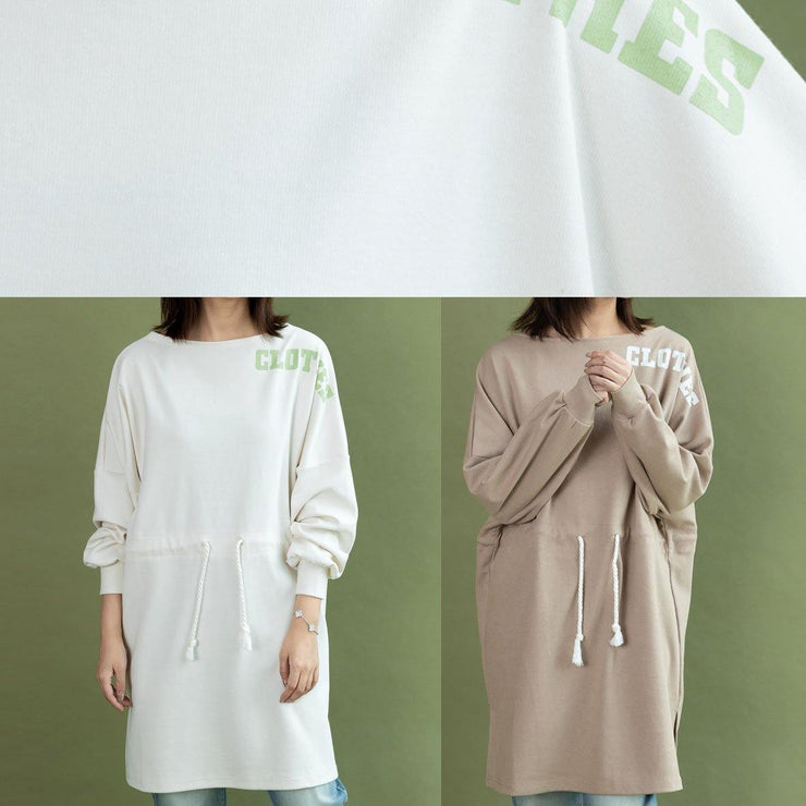 Style drawstring side open Cotton quilting dress khaki Dress fall - SooLinen