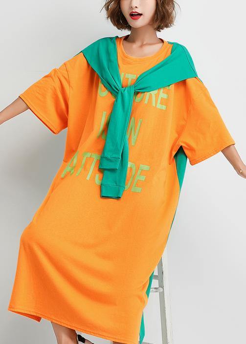 Style false two pieces cotton dresses Runway summer Maxi Dress orange patchwork - SooLinen
