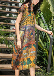 Style floral silk Robes o neck side open Midi summer Dress - SooLinen