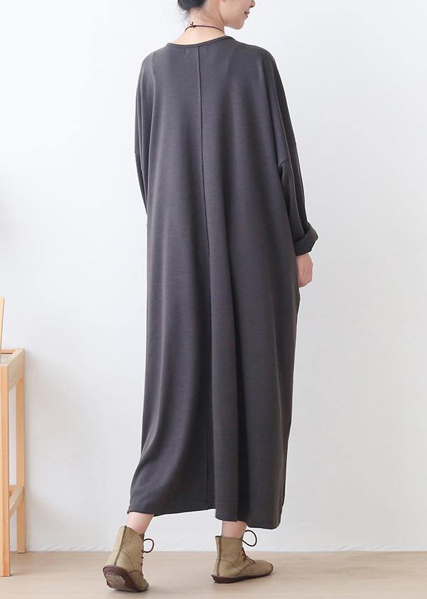 Style gray clothes pockets loose o neck Dress - SooLinen
