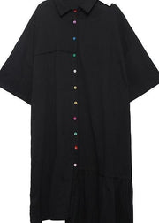 Style gray cotton clothes lapel Cinched long asymmetric summer Dresses - SooLinen