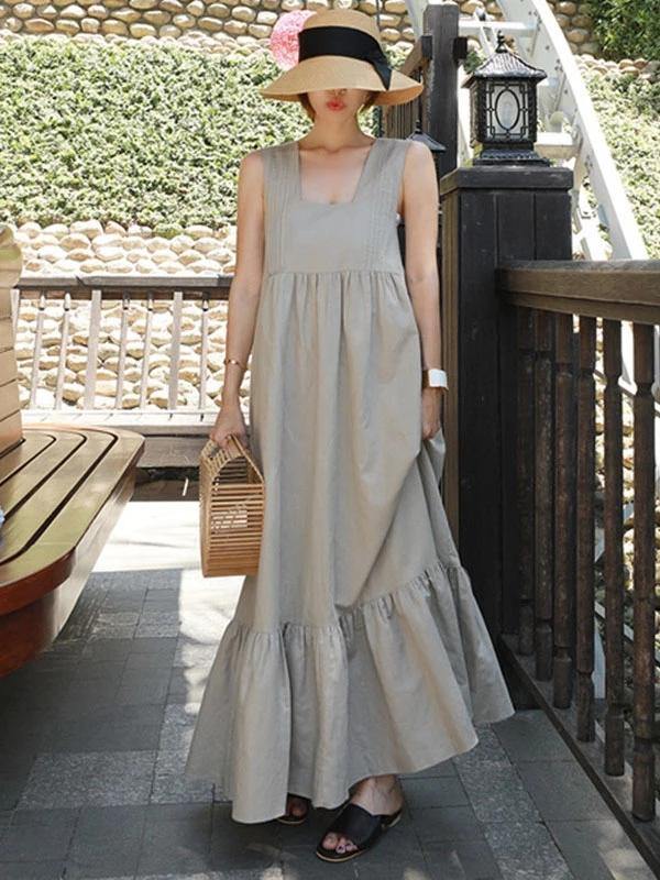 Style gray cotton dress patchwork Cinched Plus Size summer Dresses - SooLinen
