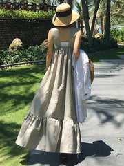 Style gray cotton dress patchwork Cinched Plus Size summer Dresses - SooLinen