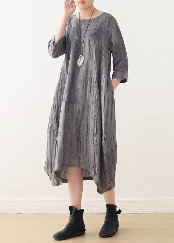 Style gray linen clothes For Women o neck asymmetric Plus Size Dress - SooLinen