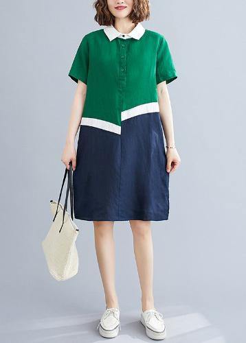 Style green cotton linen quilting clothes Peter pan Collar shift summer Dresses - SooLinen