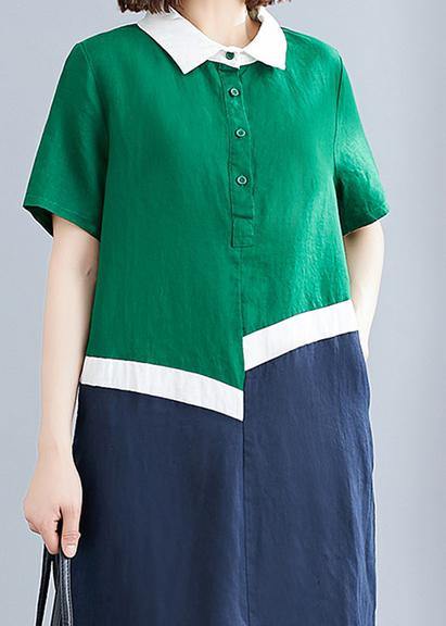 Style green cotton linen quilting clothes Peter pan Collar shift summer Dresses - SooLinen