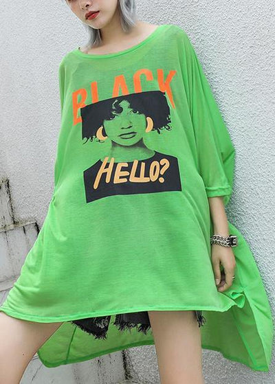 Style green print cotton box top o neck Cinched oversized summer top - SooLinen