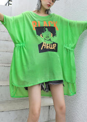 Style green print cotton box top o neck Cinched oversized summer top - SooLinen