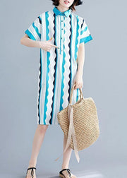 Style green striped Cotton clothes Women lapel tunic summer Dress - SooLinen