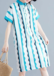 Style green striped Cotton clothes Women lapel tunic summer Dress - SooLinen