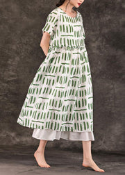 Style green striped linen dresses o neck pockets long summer Dress - SooLinen