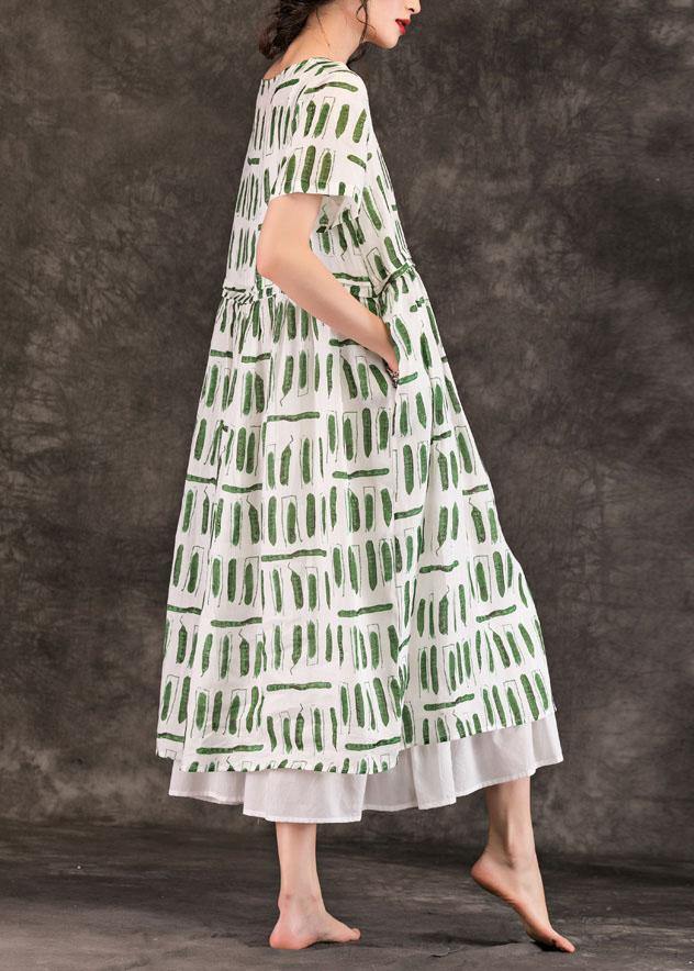 Style green striped linen dresses o neck pockets long summer Dress - SooLinen