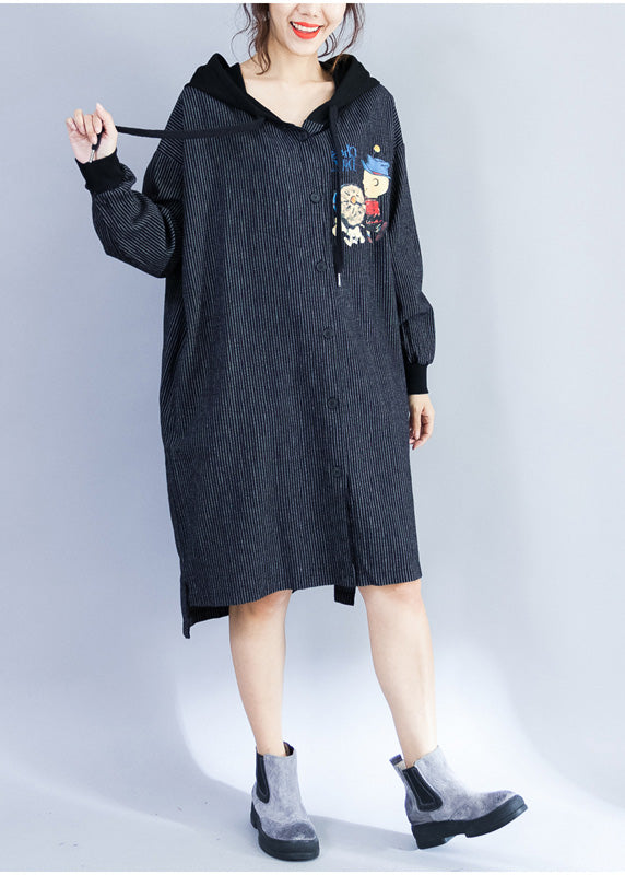 Stil Kleiderschränke aus Baumwolle mit Kapuze Muster Schwarz Gestreifte Kniekleider Frühling